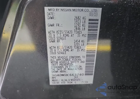 2013 Nissan Pathfinder S z USA, uszkodzony, nr VIN 5N1AR2MN5DC663740